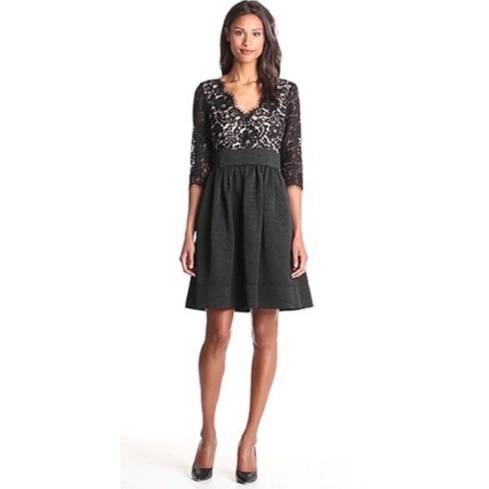 BLACK and TAN 
Eliza J Navy Lace V-Neck Fit-and-Flare Dress